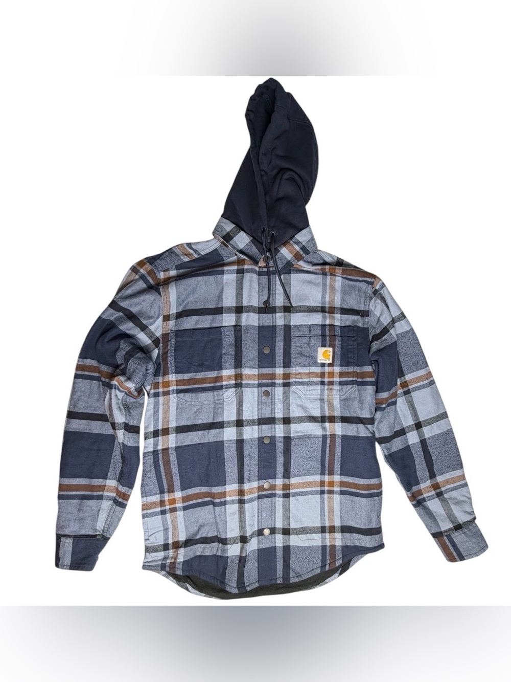 Carhartt Rugged Flex Shirt Jac Jacket Men Small Blue Plaid Snap Lined Hooded